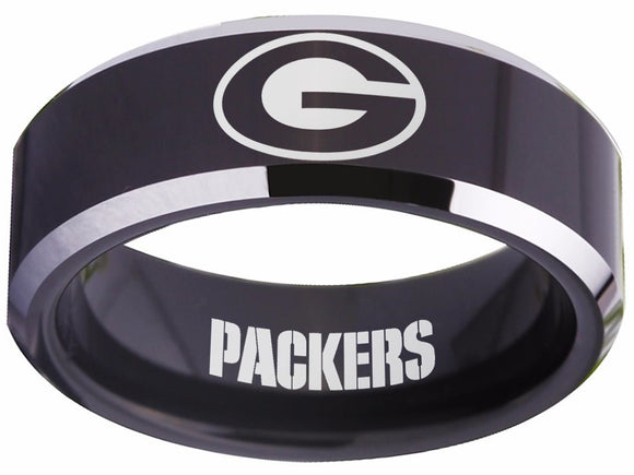 Green Bay Packers Ring Black & Silver Wedding Band | Sizes 4-17