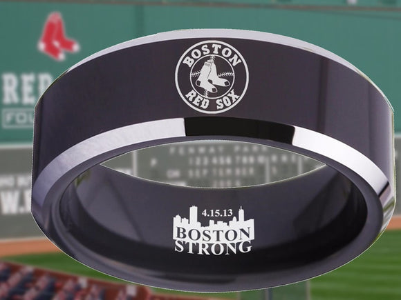 Boston Red Sox Ring Red Sox Wedding Ring Black & Silver Ring Size 4 - 17