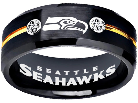 Seattle Seahawks Ring Black & Gold Logo Ring with CZ Stones #seahawks