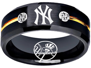 New York Yankees Ring Black & Gold CZ Wedding Band | Sizes 6-13