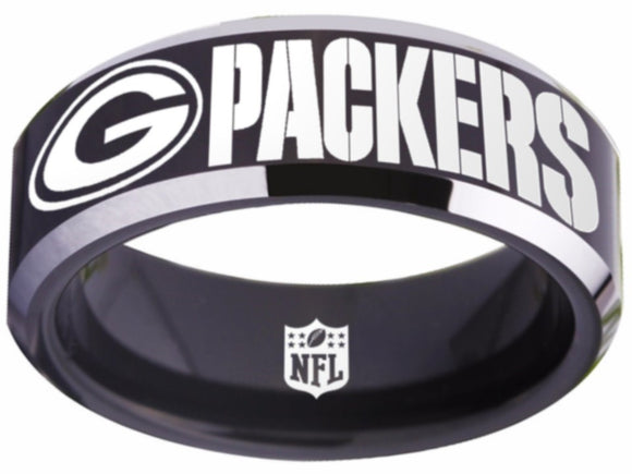 Green Bay Packers Ring Black & Silver Wedding Band | Sizes 4-17