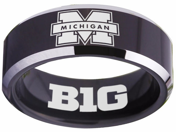 Michigan Wolverines Ring Black Silver Logo Ring Wedding Band #michigan